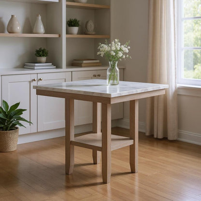 42" White and Natural Faux Marble and Wood Square Bar Table