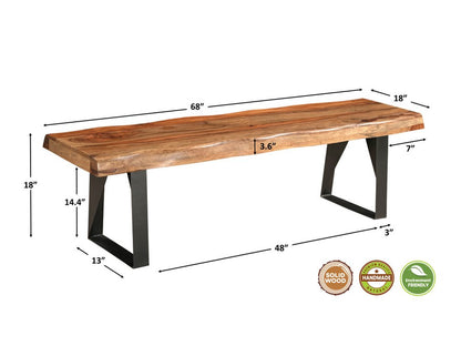 68" Brown and Black Solid Wood And Metal Live Edge Dining Bench