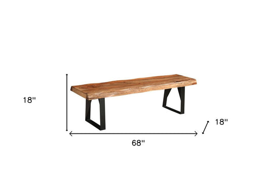 68" Brown And Black Steel And Solid Wood Live Edge Dining Bench