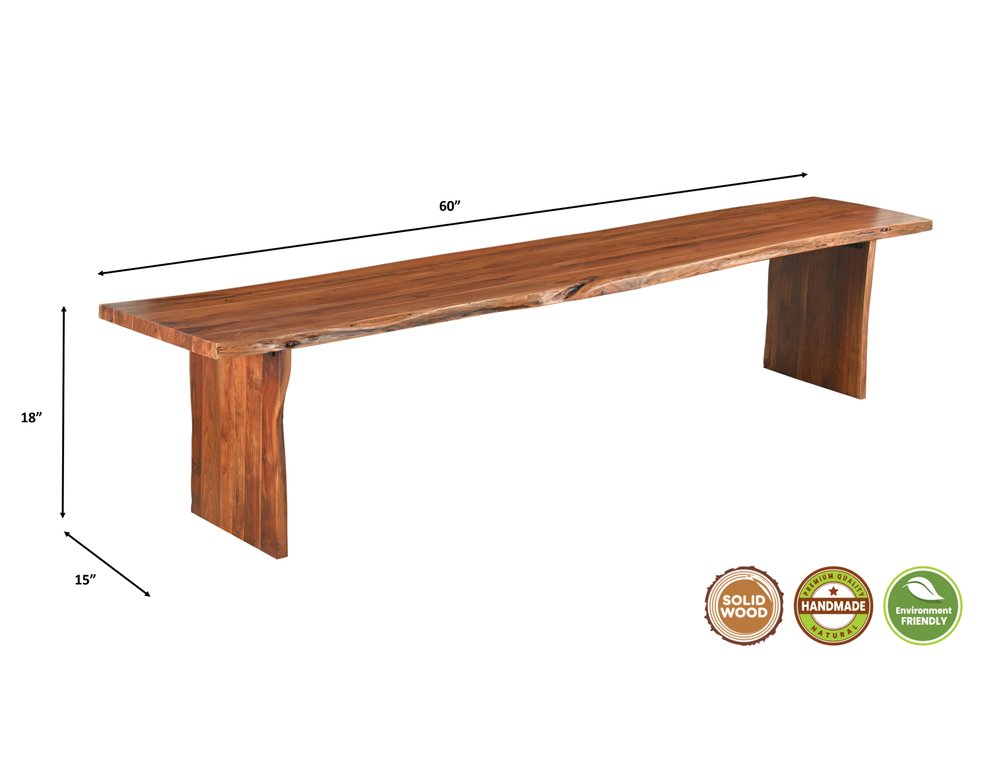 60" Brown Solid Wood Live Edge Dining Bench