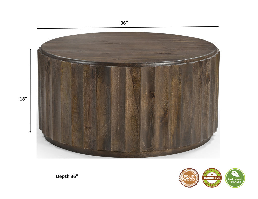 36" Brown Solid Wood Round Coffee Table