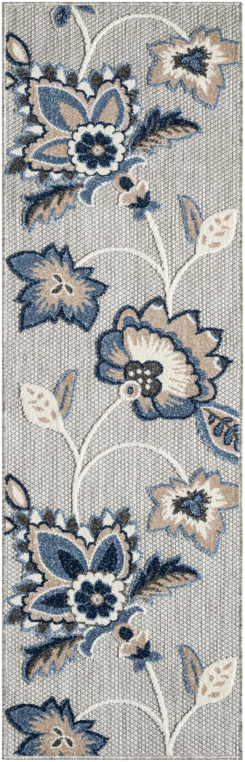 Long rectangular rug with blue, beige & cream floral motif on light gray woven background; large blooms & vines.