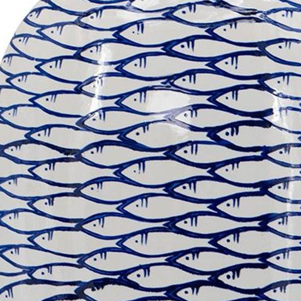 16" Blue And White Fish Print Oval Ceramic Table Vase