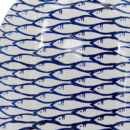16" Blue And White Fish Print Oval Ceramic Table Vase