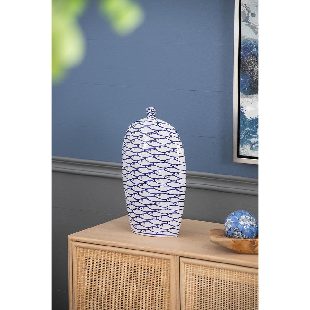 16" Blue And White Fish Print Oval Ceramic Table Vase