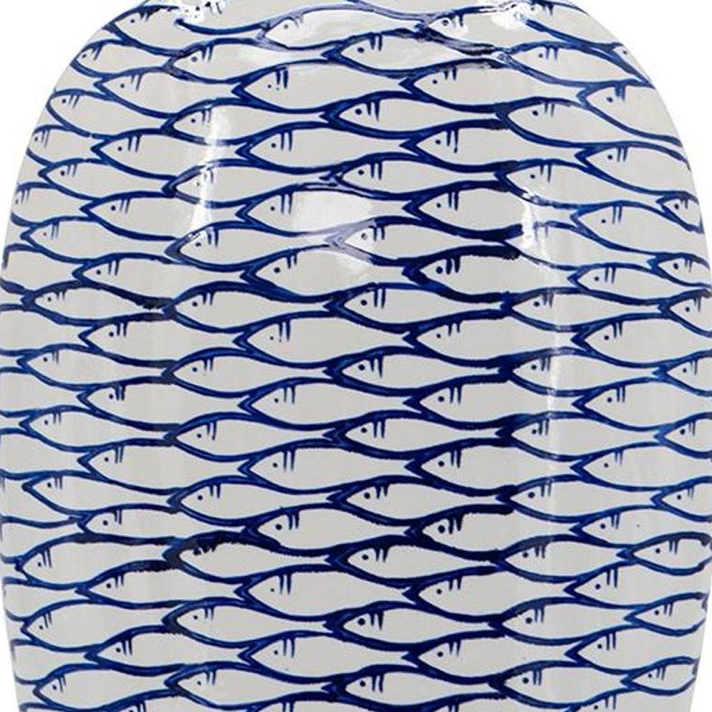 16" Blue And White Fish Print Oval Ceramic Table Vase