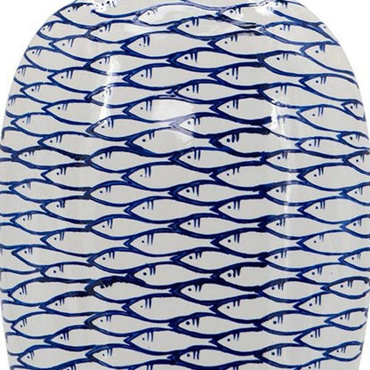16" Blue And White Fish Print Oval Ceramic Table Vase