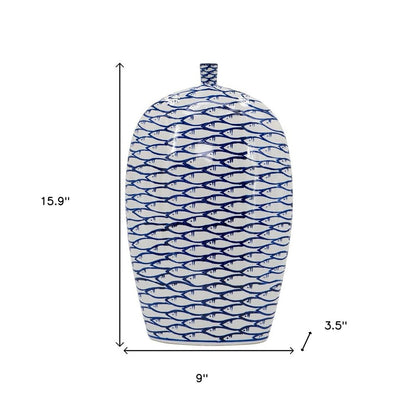 16" Blue And White Fish Print Oval Ceramic Table Vase