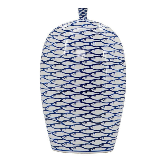 16" Blue And White Fish Print Oval Ceramic Table Vase