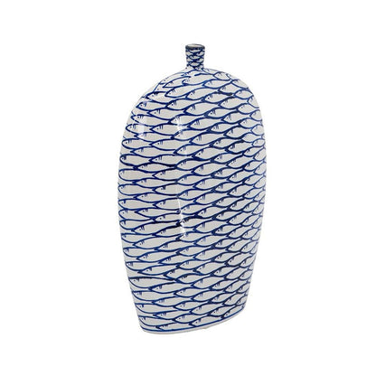 16" Blue And White Fish Print Oval Ceramic Table Vase
