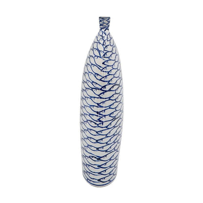 16" Blue And White Fish Print Oval Ceramic Table Vase