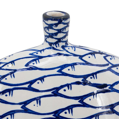 16" Blue And White Fish Print Oval Ceramic Table Vase