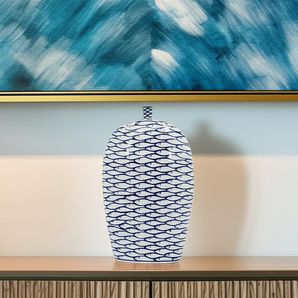 16" Blue And White Fish Print Oval Ceramic Table Vase