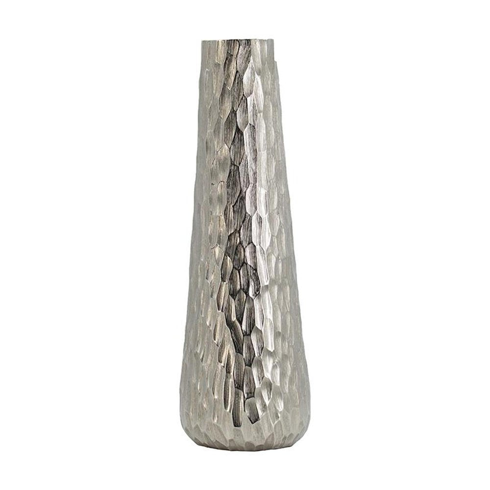 19" silver cast aluminum table vase with a carved geometric pattern.