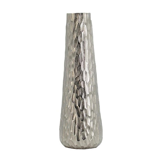 19" silver cast aluminum table vase with a carved geometric pattern.