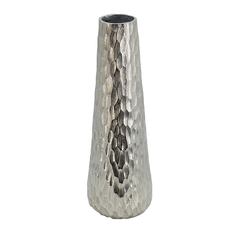19" Silver Cast Aluminum Carved Geometric Table Vase