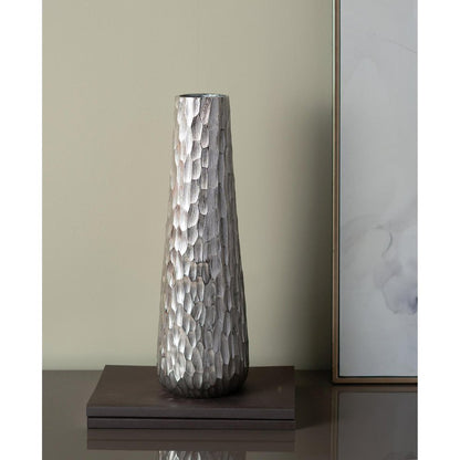 19" silver cast aluminum carved geometric table vase.