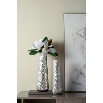 19" Silver Cast Aluminum Carved Geometric Table Vase