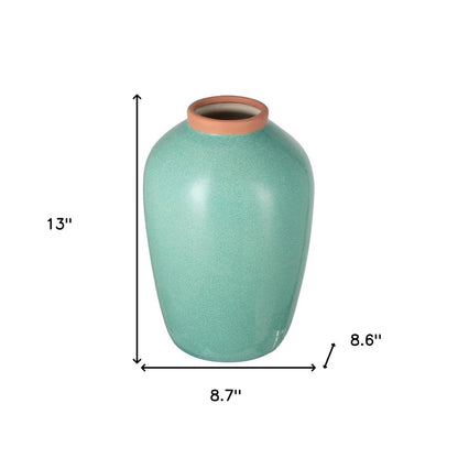 13" Aqua And Terra Cotta Ceramic Round Table Vase