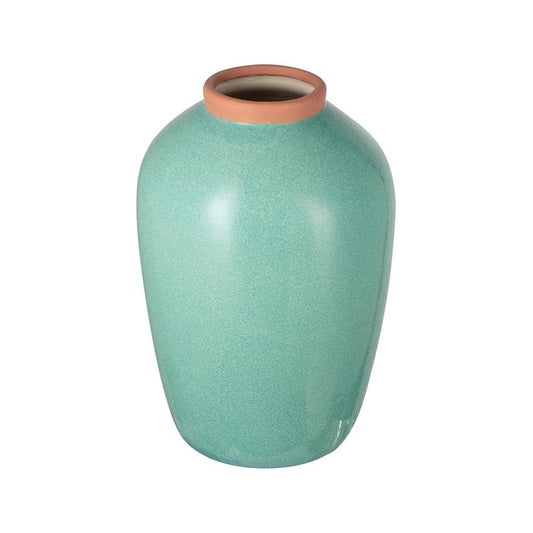 13" Aqua And Terra Cotta Ceramic Round Table Vase
