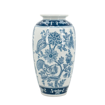 15" Light Blue And White Floral Porcelain Urn Vase
