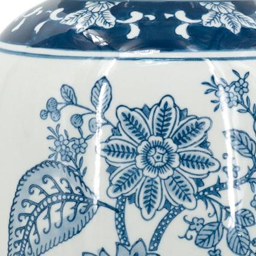 15" Light Blue And White Floral Porcelain Urn Vase