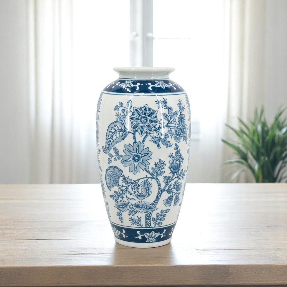 15" Light Blue And White Floral Porcelain Urn Vase