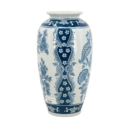 15" Light Blue And White Floral Porcelain Urn Vase