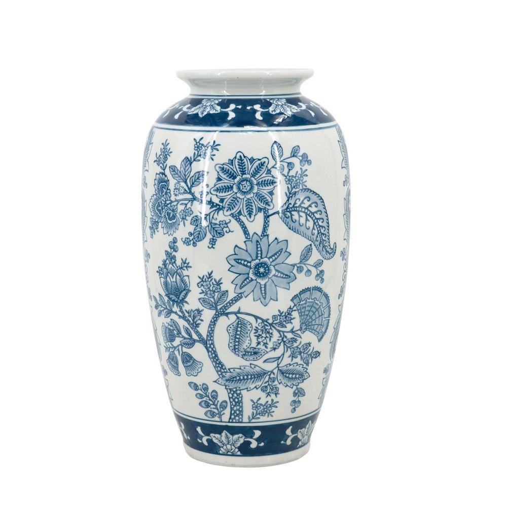 15" Light Blue And White Floral Porcelain Urn Vase
