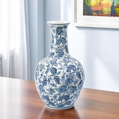 24" Blue And White Floral Curved Porcelain Table Vase