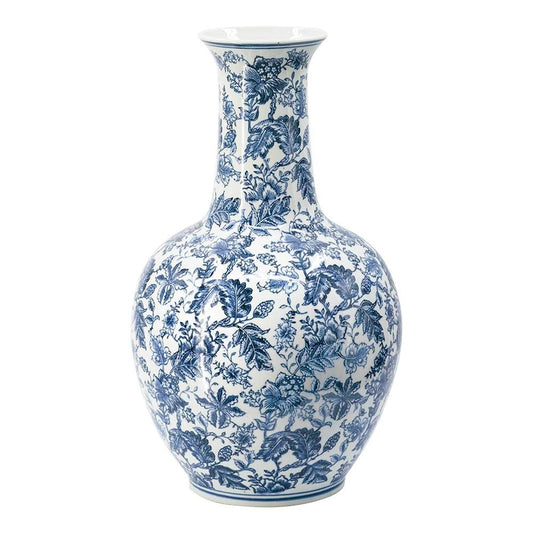 24" Blue And White Floral Curved Porcelain Table Vase