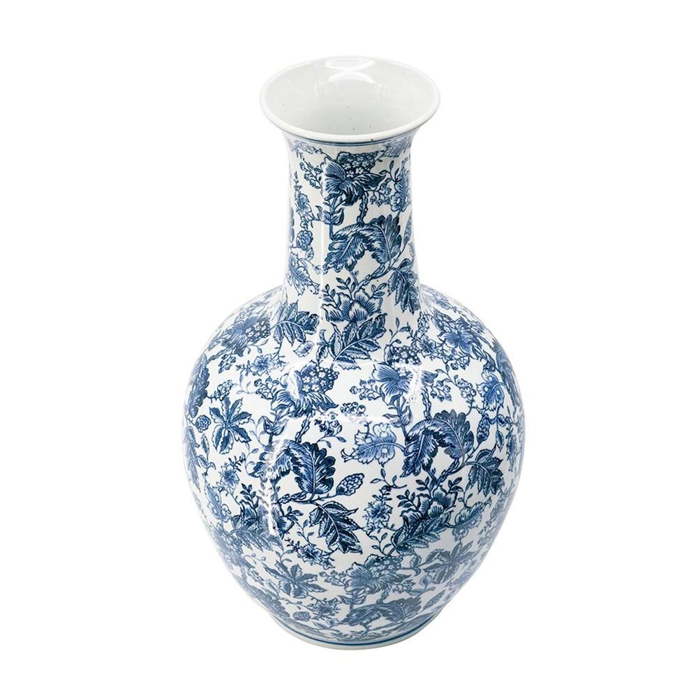 24" Blue And White Floral Curved Porcelain Table Vase