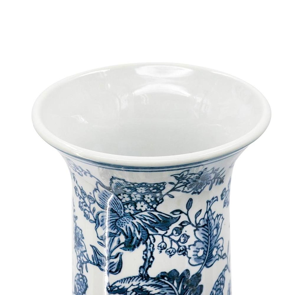 Blue and white floral curved porcelain table vase.