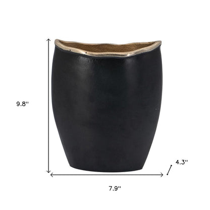 10" black and gold oval cast aluminum table vase with a glossy finish