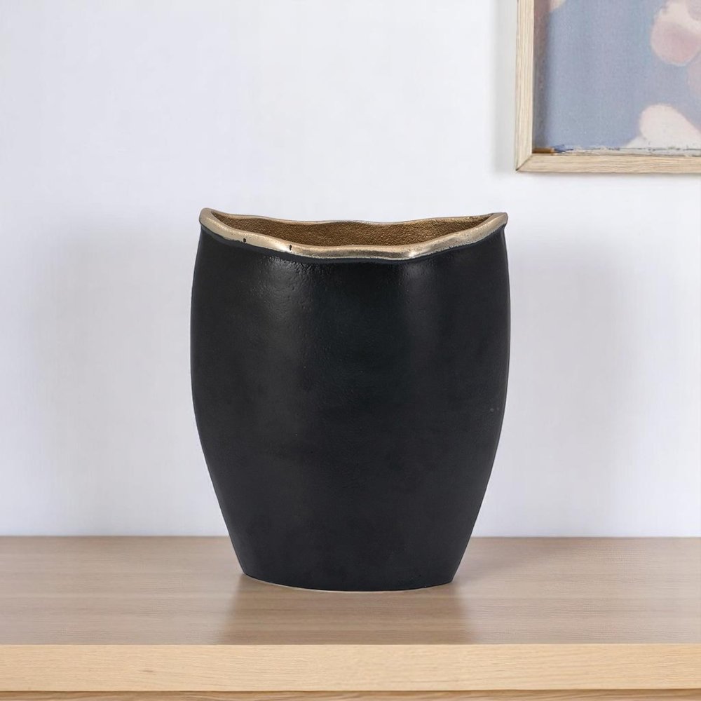 10" Black And Gold Cast Aluminum Oval Table Vase