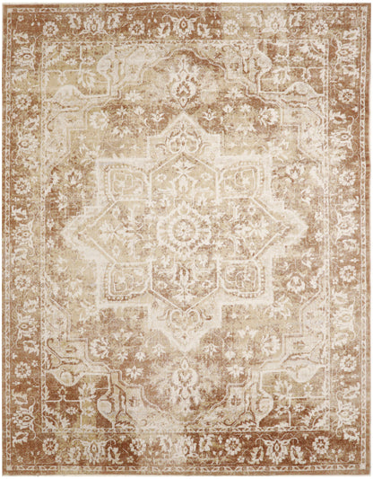Beige distressed oriental rug with a central medallion and ornate floral border in tan and ivory.