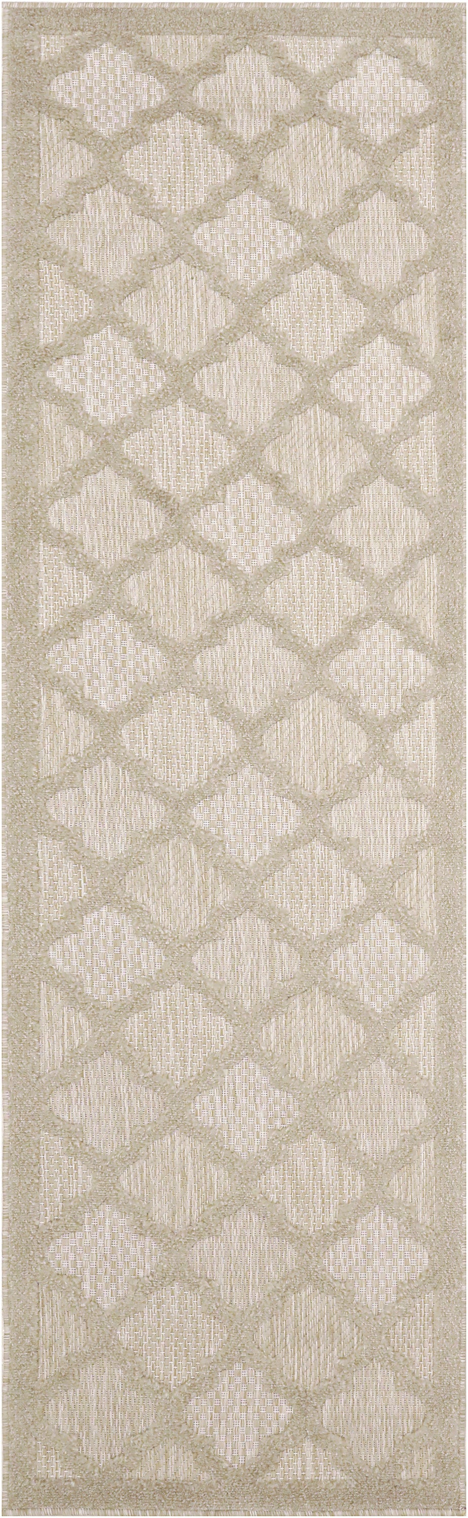 Beige rectangular rug with raised diamond lattice pattern in soft neutral tones.