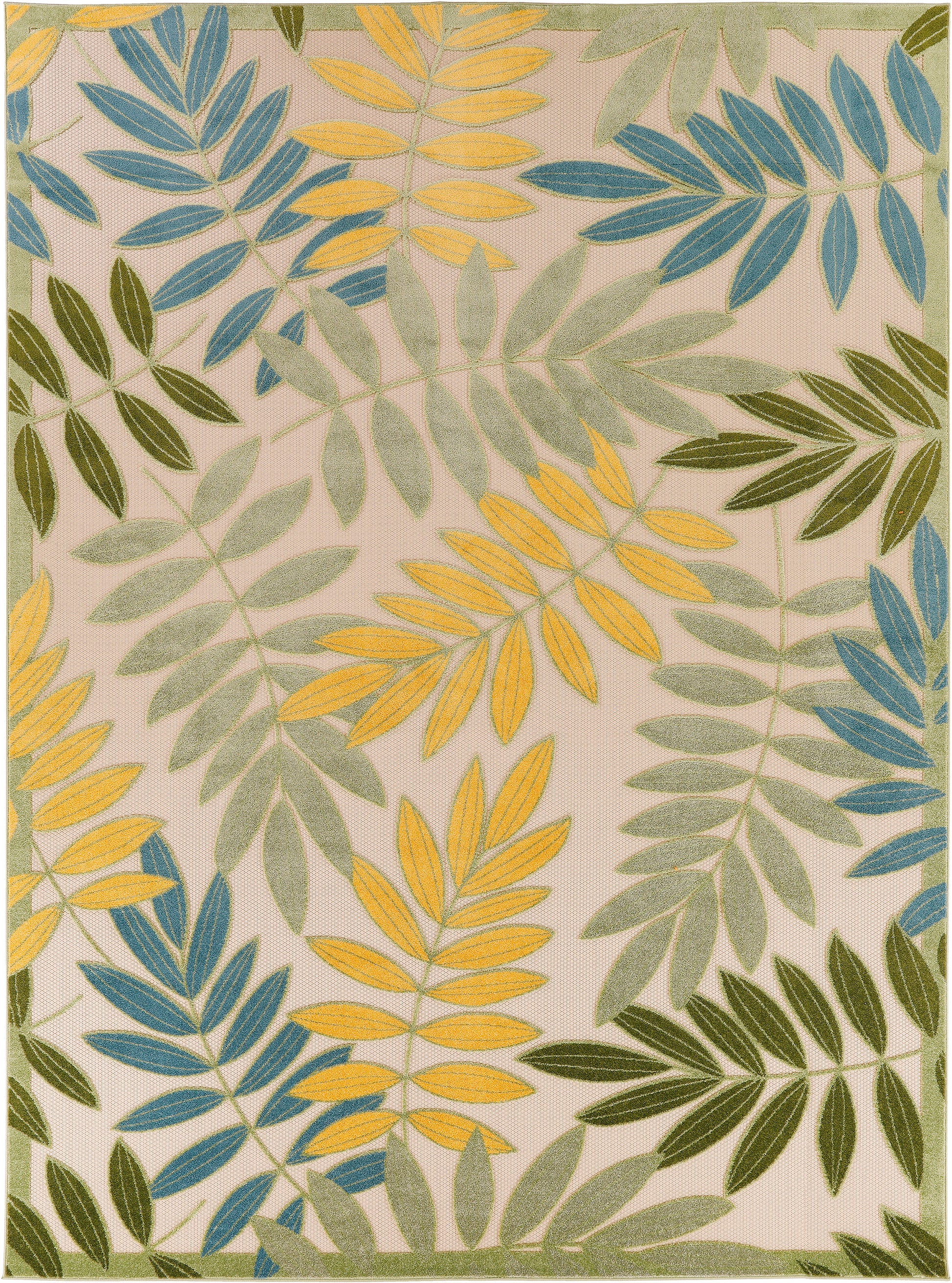 Botanical leaf outdoor area rug with blue, yellow, and olive fronds on a beige background; modern tropical pattern.