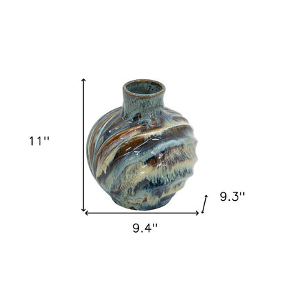 11" Blue Beige And Brown Abstract Wavy Ceramic Table Vase