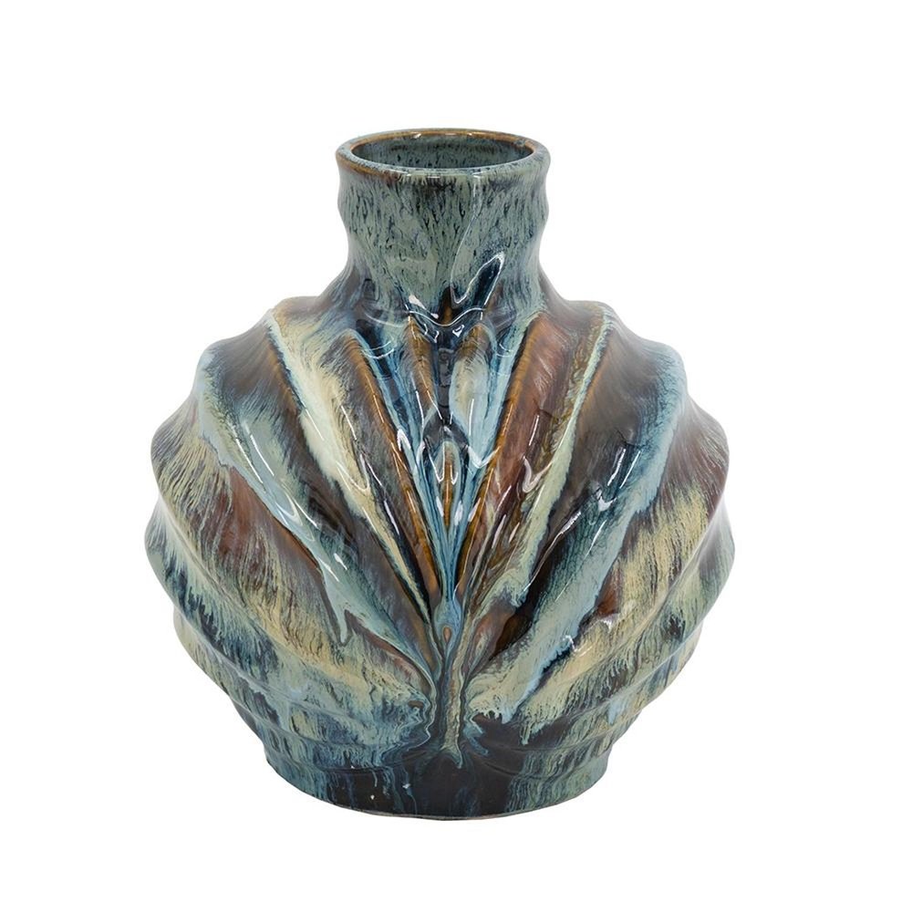 11" Blue Beige And Brown Abstract Wavy Ceramic Table Vase