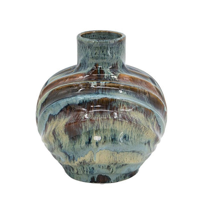 11" Blue Beige And Brown Abstract Wavy Ceramic Table Vase