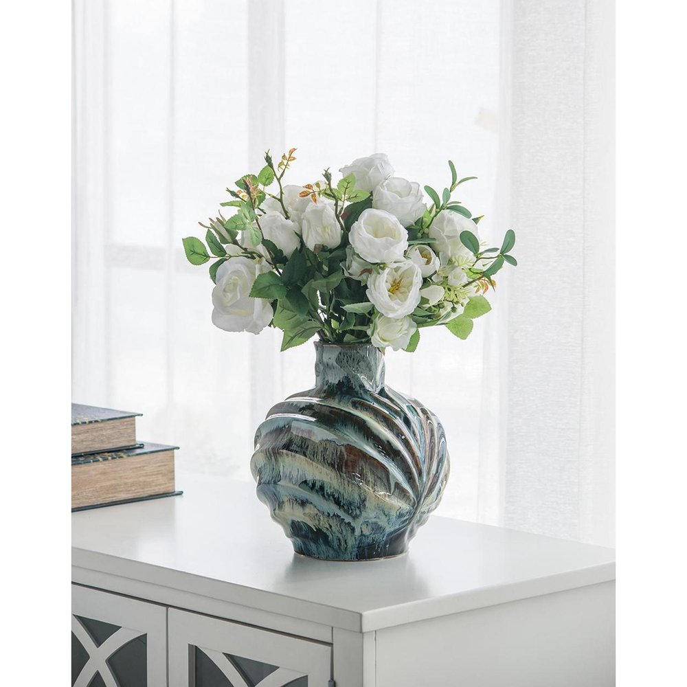 11" Blue Beige And Brown Abstract Wavy Ceramic Table Vase