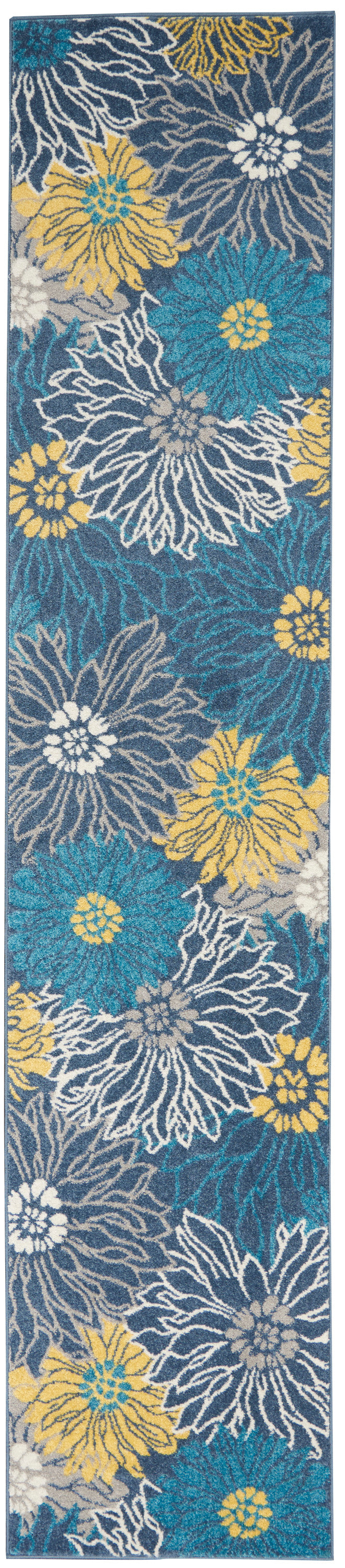 Long tufted floral rug runner with oversized yellow, teal, white & gray blossoms on blue-teal background.