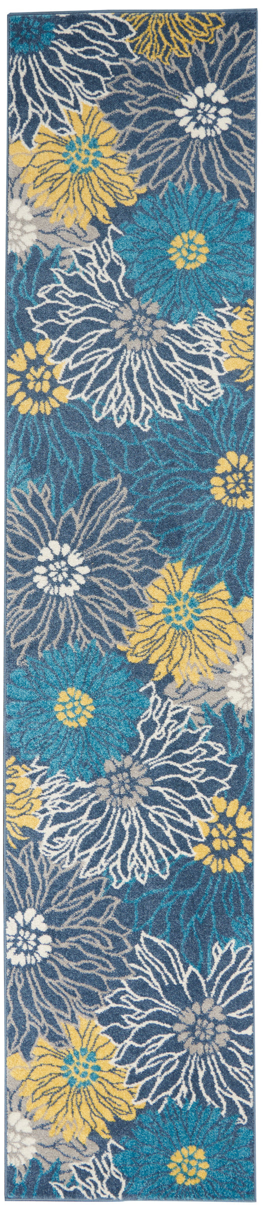 Long tufted floral rug runner with oversized yellow, teal, white & gray blossoms on blue-teal background.