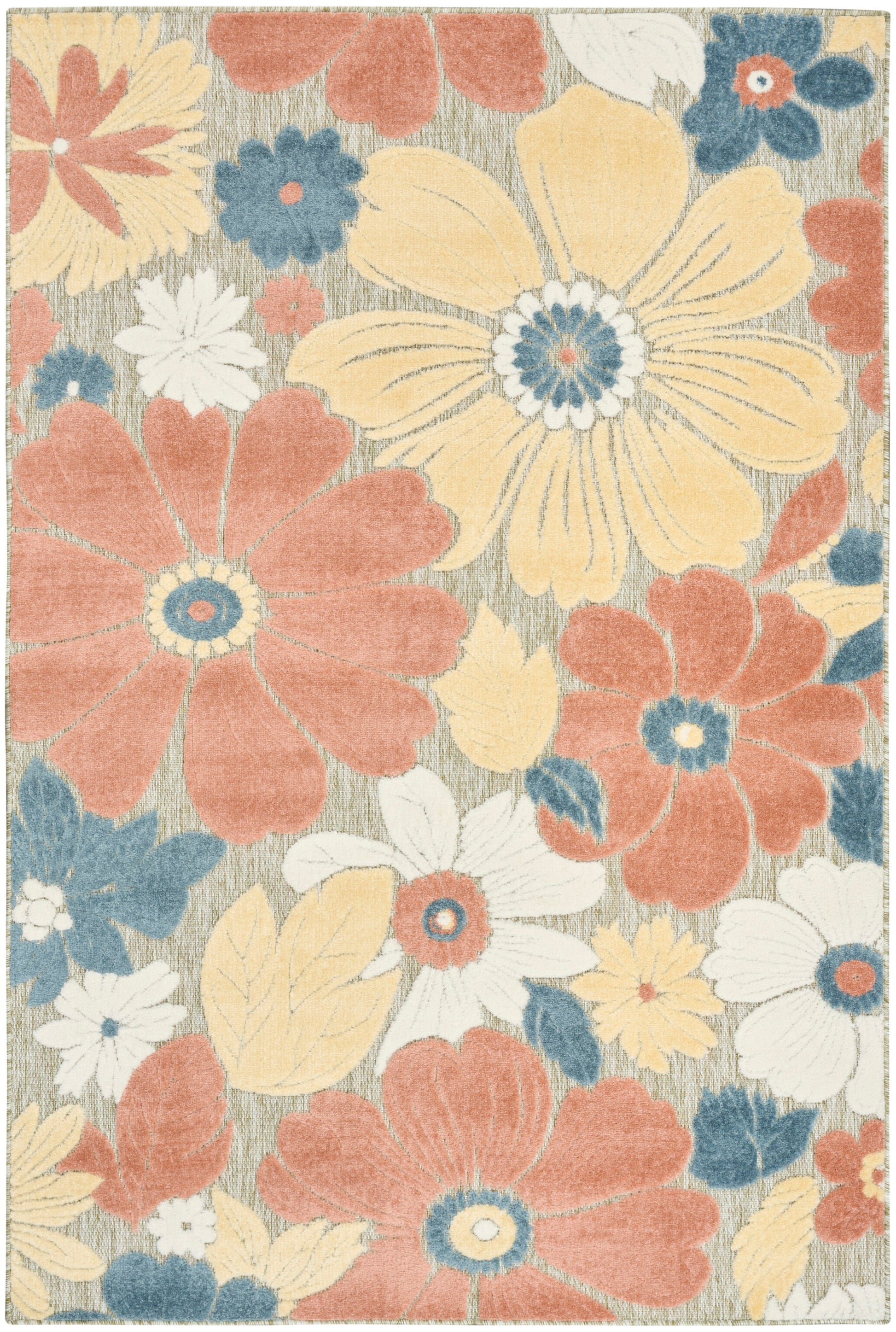 Floral area rug with large peach, yellow and white blossoms and blue accents on a beige background.