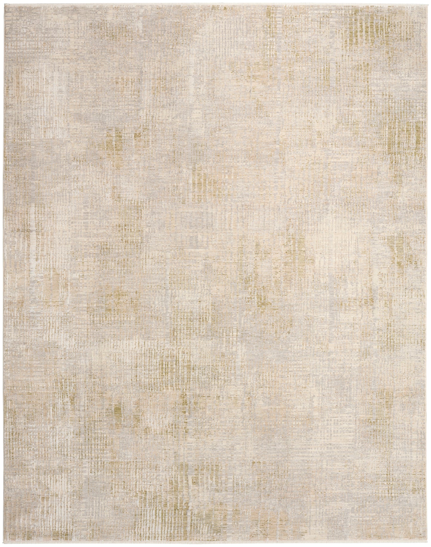 Rectangular neutral area rug with ivory-beige background and soft, distressed gold-toned pattern.