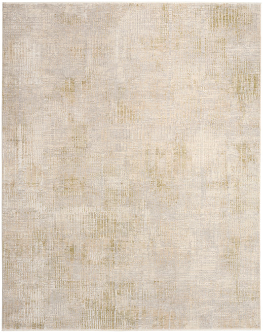 Rectangular neutral area rug with ivory-beige background and soft, distressed gold-toned pattern.