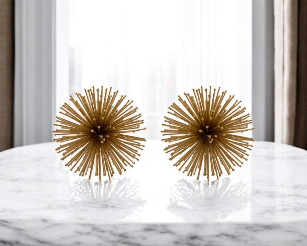 Set of Two Gold Iron Decorative Spiky Sphere Tabletop Sculptures