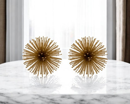 Set of Two Gold Iron Decorative Spiky Sphere Tabletop Sculptures