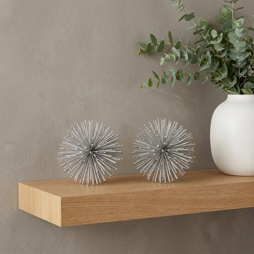 Set of Two Black Iron Decorative Spiky Sphere Tabletop Sculpture